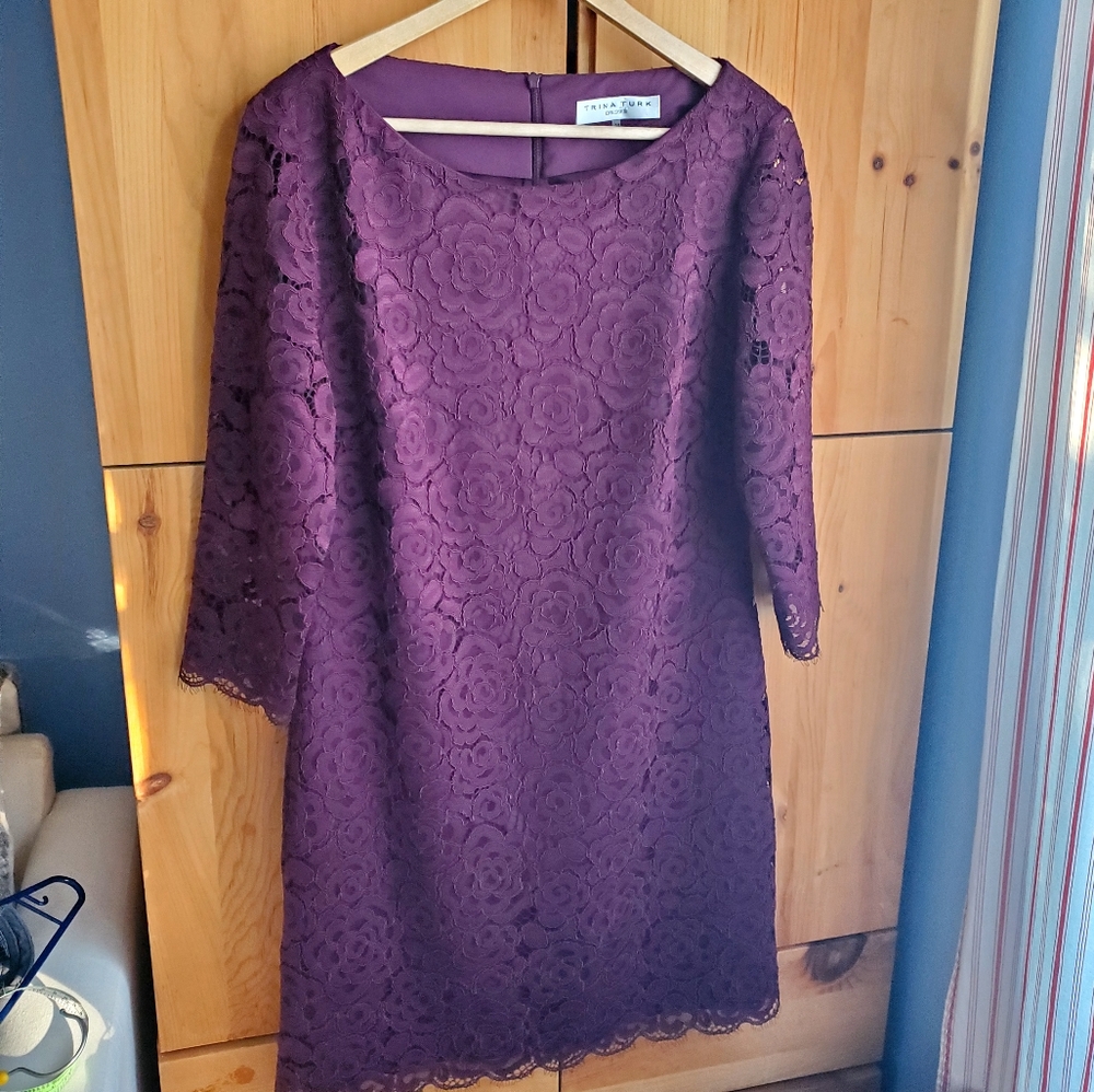 Trina Turk Eggplant Lace Long Sleeve Shift Dress size 12